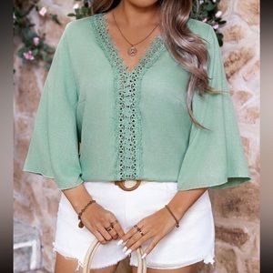 Boho Classic Eyelet Lace V Neck Flare Sleeve Top Blouse Shirt Green